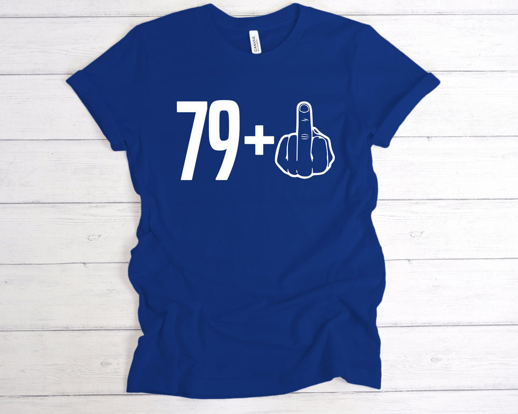 Get trendy with 79+1 80th Birthday Middle Finger T-Shirt - T-Shirt available at DizzyKitten. Grab yours for £12.49 today!