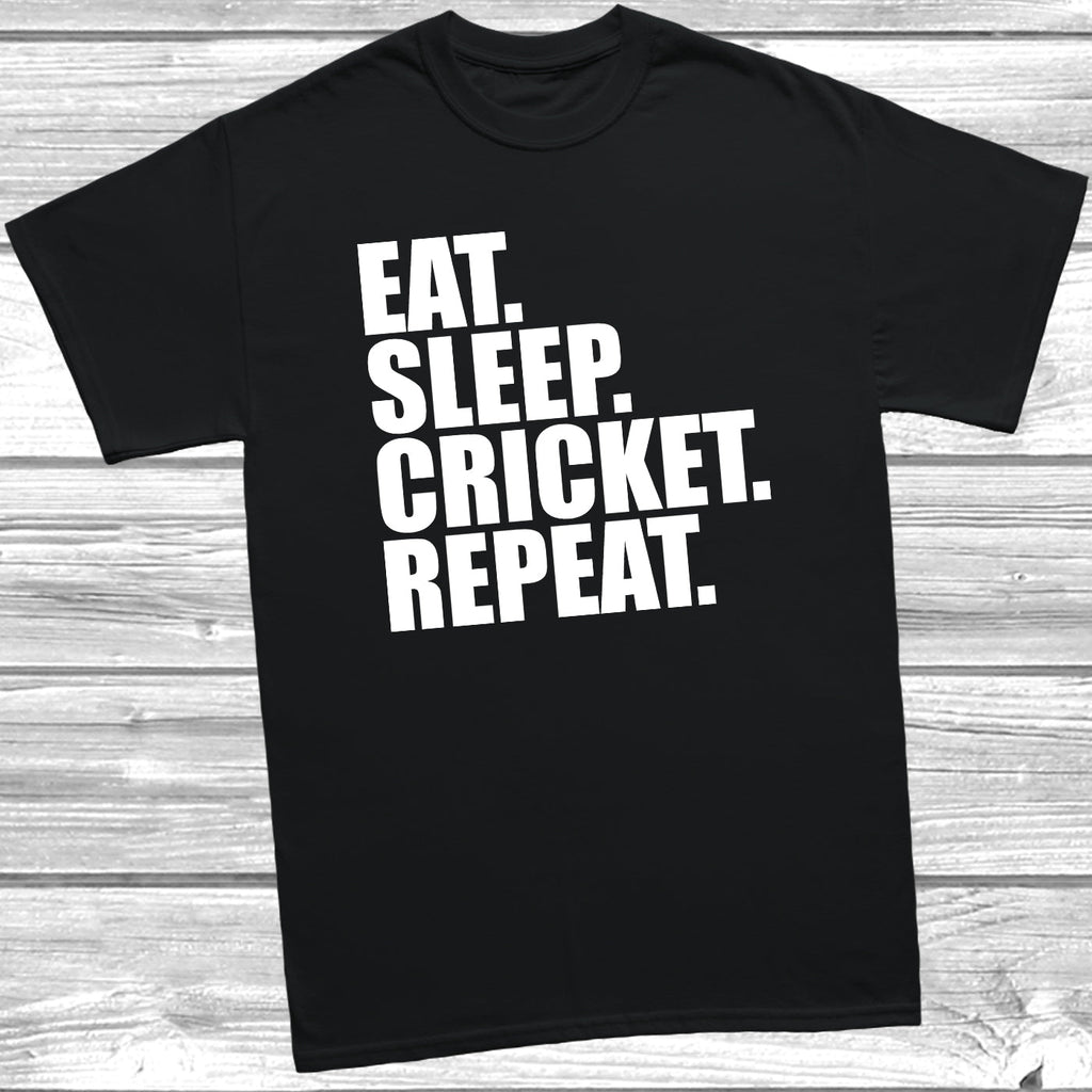 Get trendy with Eat Sleep Cricket Repeat T-Shirt - T-Shirt available at DizzyKitten. Grab yours for £8.49 today!